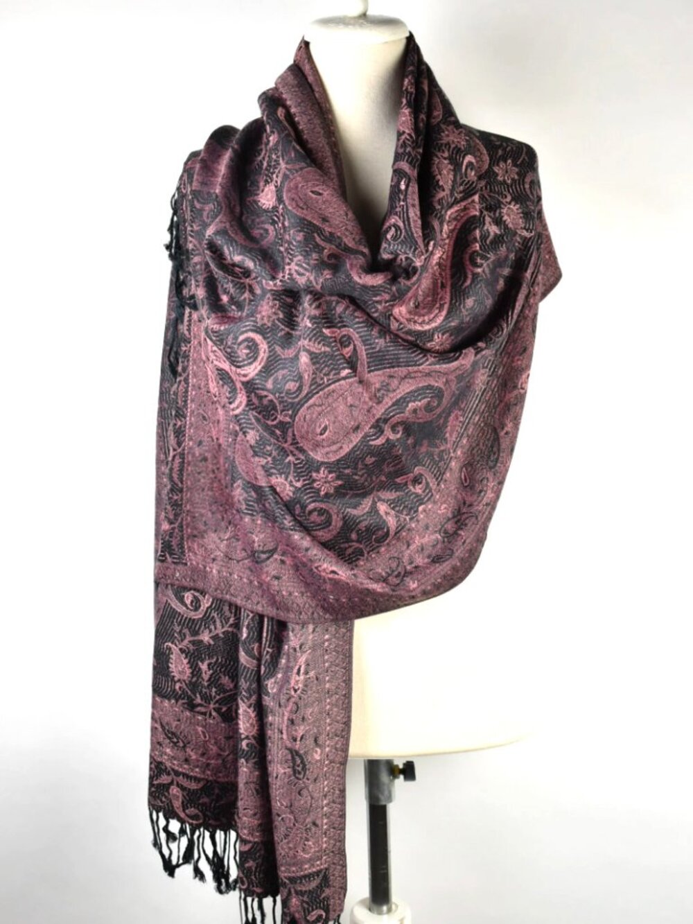 Black & Pink Vintage Style Paisley Pashmina Scarf Wrap – Oversized Shawl for Her